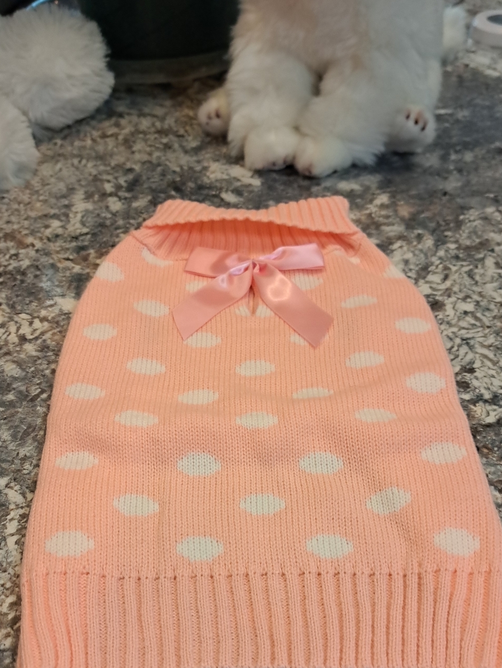 Pet Polka Dot Knit Sweater with Bow - Peach & White